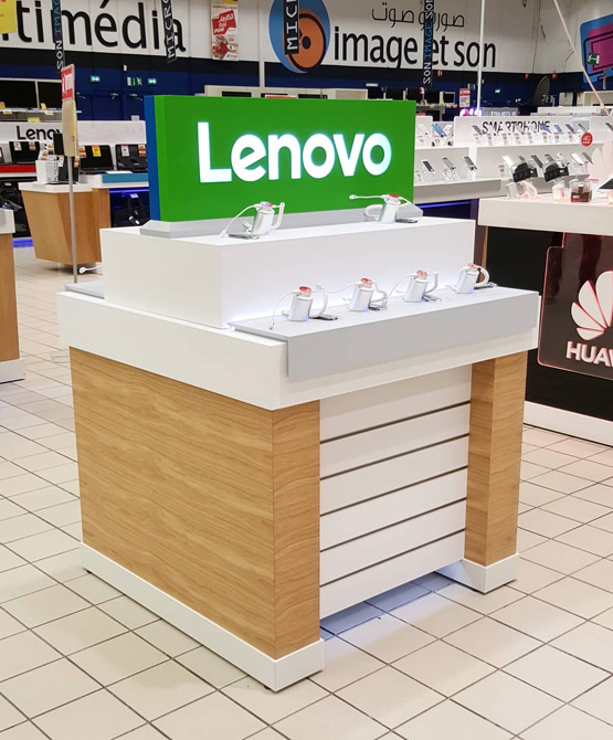 Stand présentoir Lenovo - mobilier commercial blanc et bois pour espace retail